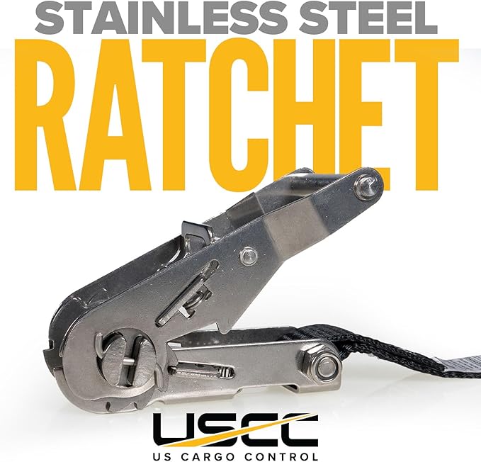 US Cargo Control Endless Ratchet Straps 1" X 15' (2-Pack), 3,300 LBS Break Strength, Stainless Steel Tie Downs, Marine Tie Down Straps for Boats, ATVs, Trees, Camping, Snow, Saltwater Applications