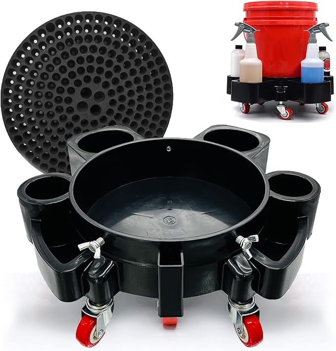 Bucket Dolly w/Grit Trap,5 Gallon Car Wash Bucket Roller with 5 Rolling Swivel Casters,Heavy Duty Rolling Bucket Dolly Removable Bucket Mover for Car Washing Detailing Smoother Maneuvering (Black)