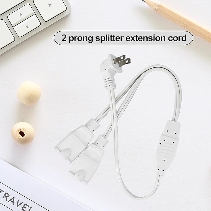 2 Prong 1 to 2 Extension Cord,Power Splitter White,2 Way Short Cord with Flat Plug,Dual Outlets Splitter Extension Cord for Home Decor,Office,Indoor/Outdoor,Appliance