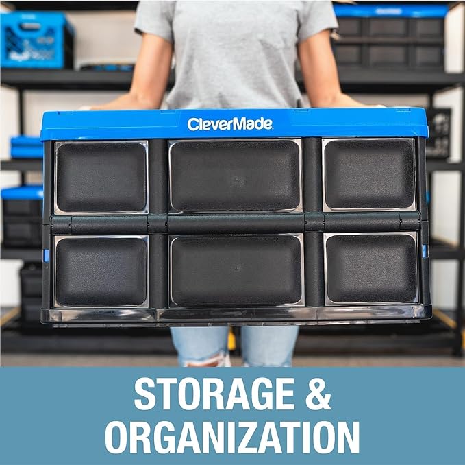 CleverMade Collapsible Storage Bins 62L (3-Pack) – Heavy Duty Collapsible Plastic Storage Bins, Large Stackable Folding Storage Bins for Garage, Car, Grocery & Home Organization - Ocean