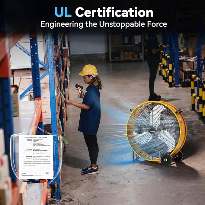 30 inch Industrial Drum Fan, 14000 CFM High-Velocity Heavy Duty Floor Fan with 3 Speeds & 5-Inch Wheels for Warehouse, Workshop, Factory & Garage – UL Listed