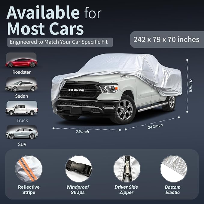 Car Cover Waterproof All-Weather,Heavy-Duty Outdoor Full Exterior Snow Cover for Truck 229-242 inch,with Sun Visor,Anti-Scratch Cotton Lining & Zippered,Towel&Storage Bag