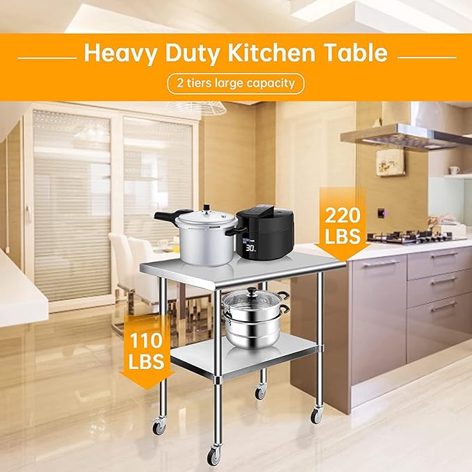 tonchean Stainless Steel Table with Wheels, 24x24 Inch NSF Kitchen Work Table with Adjustable Shelf, Heavy Duty Rolling Food Prep Tables for Home Restaurant