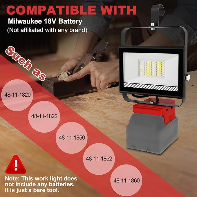 60W 6000LM Cordless Work Light Compatible with Milwaukee 18V Battery (Battery Not Included), Portable LED Flashlgiht Flood Light with USB &Type C Charging for Job Site, Emergency, Camping