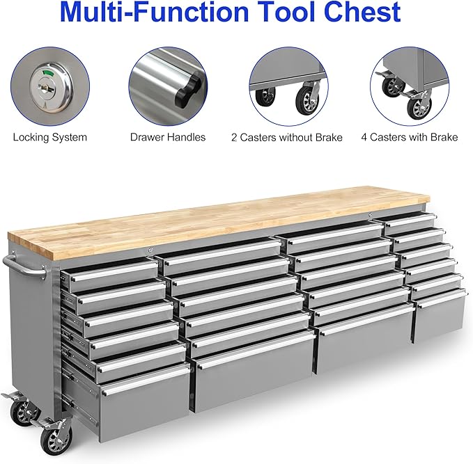96-Inch Stainless Steel Rolling Tool Box with 24 Drawers, Heavy-Duty Mobile Garage Workbench, Lockable Large Tool Chest Storage Cabinet with Wheels for Workshop