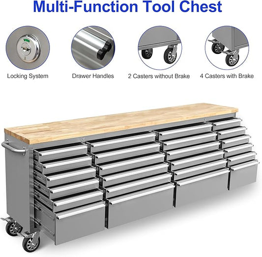 96-Inch Stainless Steel Rolling Tool Box with 24 Drawers, Heavy-Duty Mobile Garage Workbench, Lockable Large Tool Chest Storage Cabinet with Wheels for Workshop