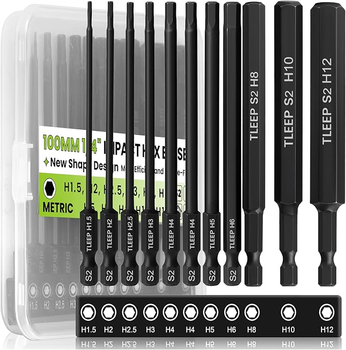 11Pcs 4" Allen Wrench Drill Bit Set 1.5mm-12mm, 1/4" Hex Shank Long Metric Hex Key Set with Case for IKEA Type Furniture, S2 Steel Black Drill Bits Tools for Narrow Spaces, 11 Pieces Full Sizes