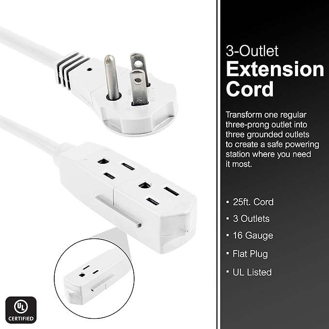 GE 3-Outlet Flat Extension Cord 25 Ft Grounded Extension Cord with Multiple Outlets 3 Prong Outlet Extender Flat Plug Indoor Power Strip 16 Gauge UL Listed White 69920