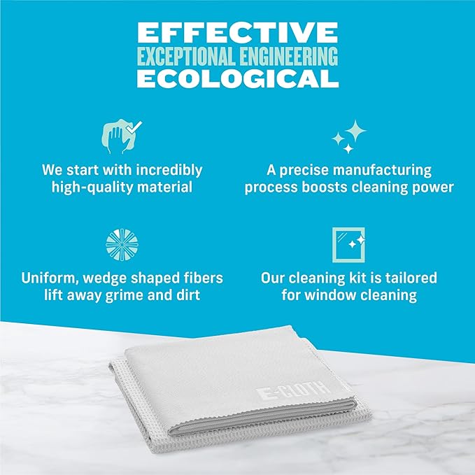 E-Cloth Microfiber Window Cleaning Cloth Kit - Glass Cleaning Cloth for Windows, Mirrors, Cars, Lenses, Eyeglasses, & More, Streak Free Clean, Machine Washable Reusable Towel - Recycled (2 Kits)