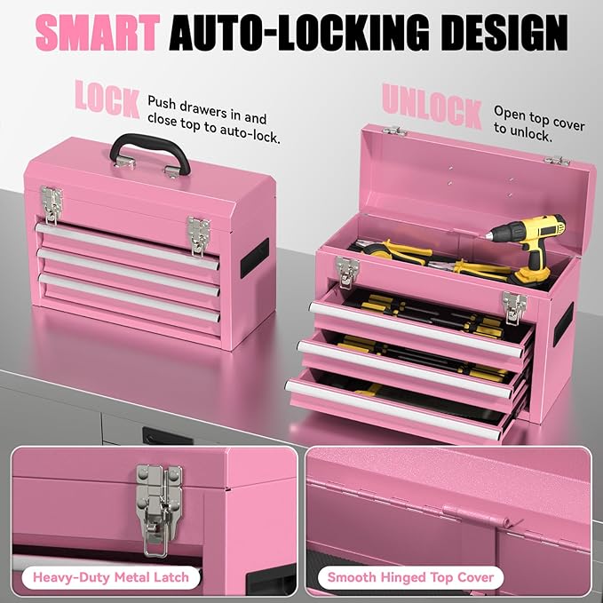 3-Drawer Tool Box, Tool Storage Cabinet, Tool Chest and Locking Mechanism, Metal Tool Cart for Garage Workshop and Room Use (Pink)