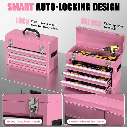 3-Drawer Tool Box, Tool Storage Cabinet, Tool Chest and Locking Mechanism, Metal Tool Cart for Garage Workshop and Room Use (Pink)