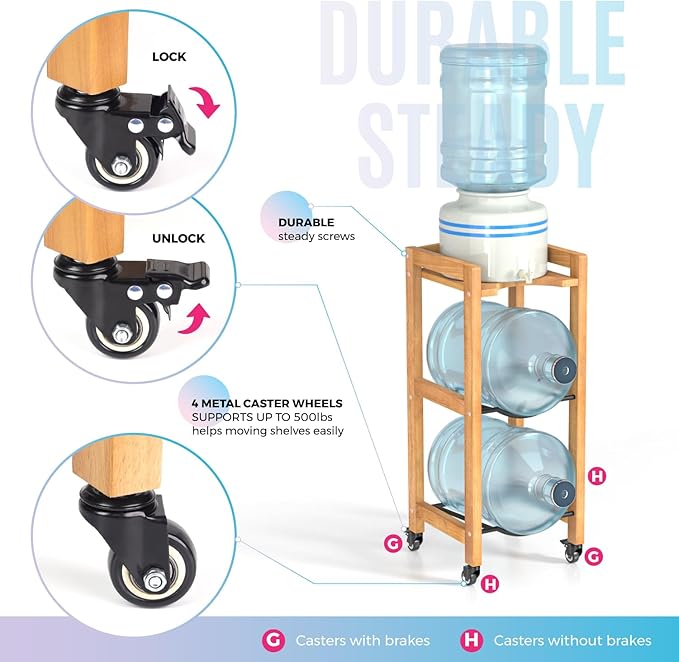 3-Tier 5 Gallon Water Jug Holder with Top Shelf – 4 Metal Wheels or Adjustable Feet – Natural Hardwood Water Dispenser Floor Stand – Wooden Organizer for Kitchen, Office, Garage – Space-Saving Design