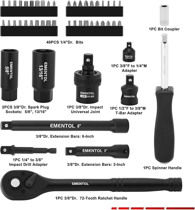 EMENTOL 109-Piece 3/8" Drive Socket Set, SAE (5/16"-15/16") & Metric (6mm-24mm), Deep & Shallow, with Ratchet Wrench, Extension Bars, Spark Plug Sockets, Universal Joint, Power Drill Adapter, Bits