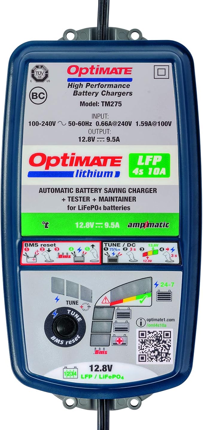 Tecmate Optimate Lithium 4s 10A, TM-275v2, 10-Step 12.8V 10A Sealed Battery Saving Charger & maintainer