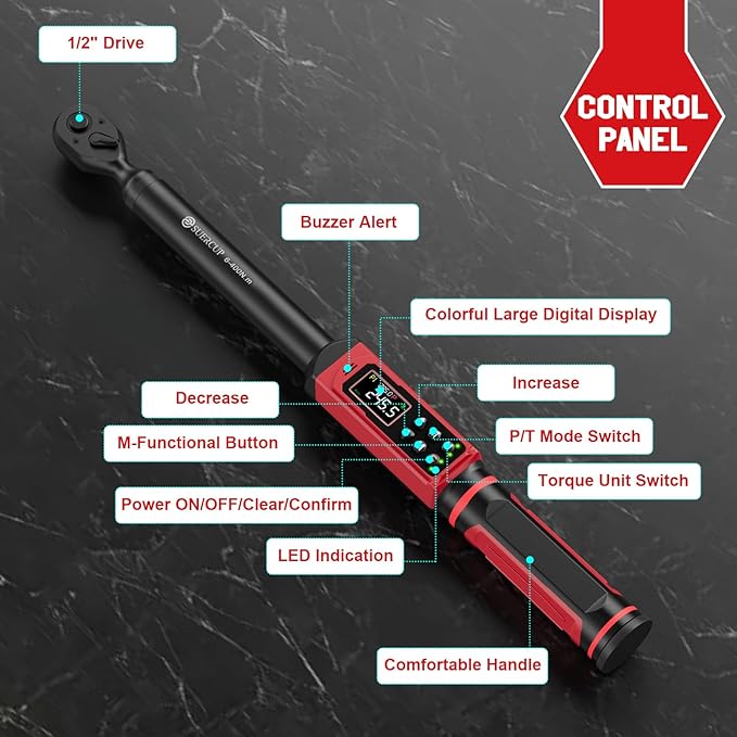 1/2-inch Drive Digital Torque Wrench (4.4-295 Ft.lb/6-400Nm), ±1% Accuracy Digital Torque Wrench with Buzzer and LED Alarm,9 Preset Mode and Four Units of Measure for Car, Moto and Bike, DIY