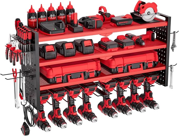 VEVOR Power Tool Organizer Wall Mount, 4-Layer Storage Rack with 8 Drill Holders, Tools Holder and Storage Rack with Side Pegboards, Garage Tool Organizer for Garage, Workbench, and Workshop