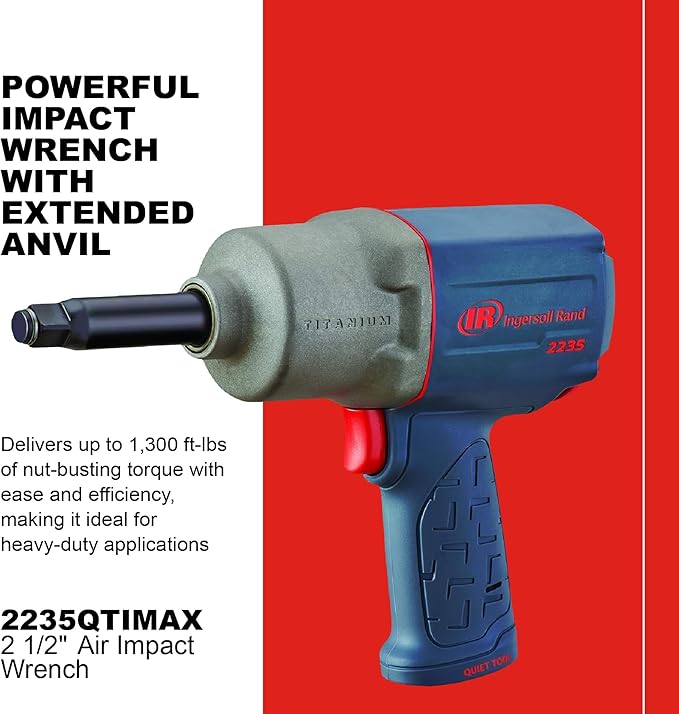 Ingersoll Rand 2235QTIMAX-2 1/2" Air Impact Wrench, 2" Ext Anvil, Quiet, 1300 ft-lb Torque, Titanium Hammercase, Friction Ring Retainer, Pistol