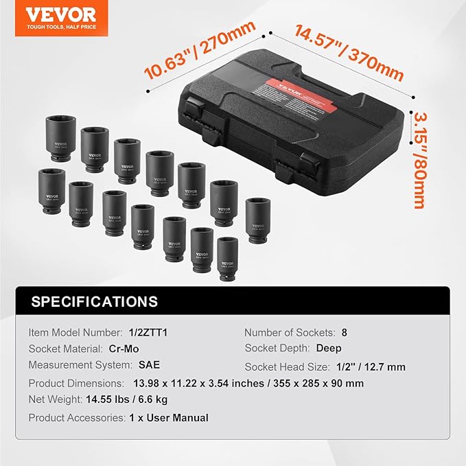 VEVOR Axle Nut Impact Socket Set - 1/2" Drive Deep 6+12-Point 14-Piece Metric Spindle Nut Socket CR-V Heat Treated Large Socket Set with Storage Case for Auto Repair, Removing or Installing Axle Nuts