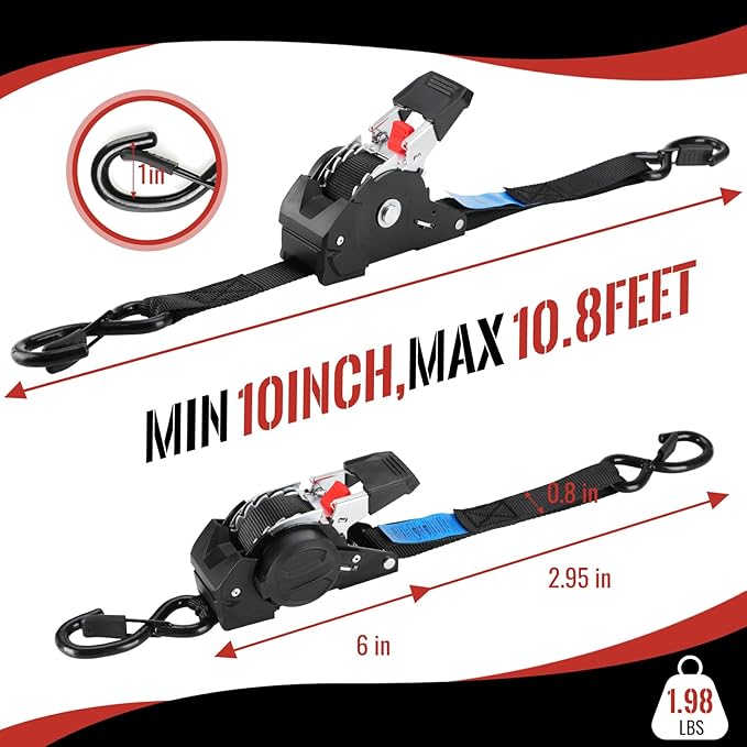 TLGREEN Retractable Ratchet Straps,Black,8 Pack,1” x 10’1650lb Break Strength Heavy Duty Auto Self Retracting Tie Down Straps for Truck, Cargo, Motorcycle, ATV, UTV,Boat