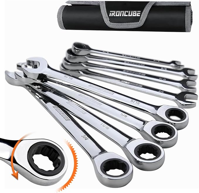 Ratcheting Wrench Set, 8-piece, SAE Wrench Set 5/16" to 3/4", 72-Teeth Gear CR-V Steel Mirror Polished, with Carrying Bag For Auto Repair