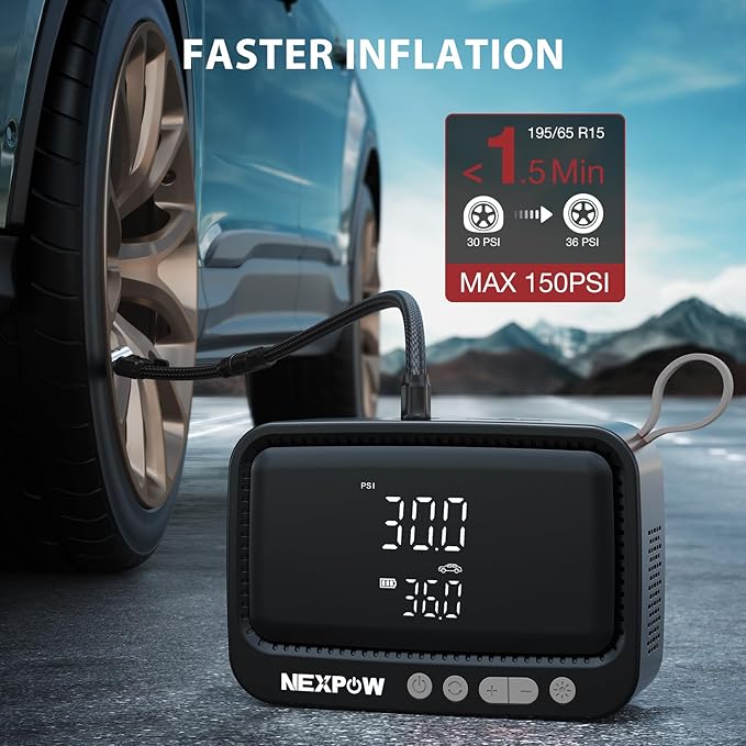 NEXPOW Tire Inflator Portable Air Compressor, 150 PSI Air Pump for Car Tires with Digital Pressure Gauge & Auto Shut-Off, Air Compressor Portable for Car, Motorcycle, Bicycle, Balls, Gray