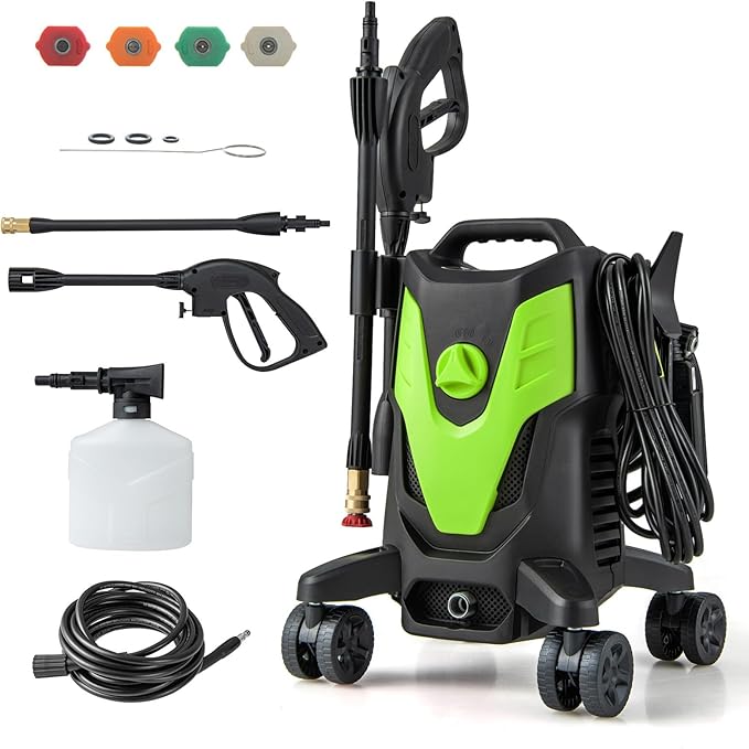 Goplus Electric Pressure Washer, 2400 PSI 1.7 GPM High Pressure Power Washer w/4 Quick Nozzles & Universal Wheels, Portable Pressure Washer IPX5 Car Wash Machine, Cleaning Garden Car Floor (Green)