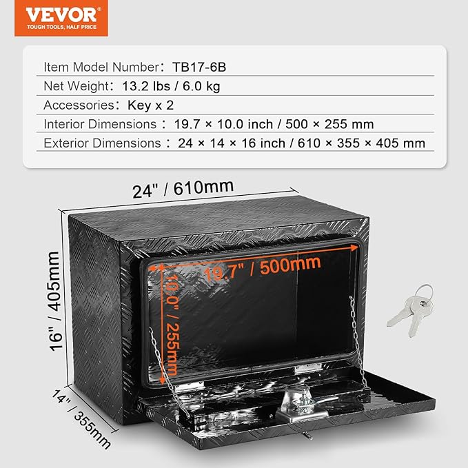 VEVOR Underbody Truck Box, 24" x 14" x 16" Pickup Storage Box, Heavy Duty Aluminum Diamond Plate Tool Box with Lock and Keys, Waterproof Trailer Storage Box with T-Handle Latch for Truck, Van, Trailer