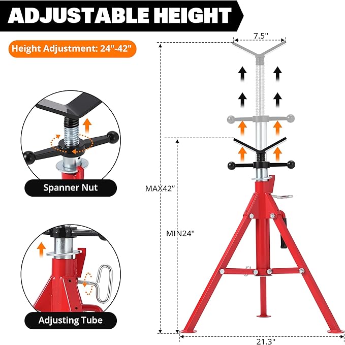 Heavy-Duty Pipe Jack Stand V-Head Bracket Load Capacity 2500 LBS Suitable for 1/8“ to 12” Pipes 24“ to 42” Adjustable Height Folding Legs for Welding Threading Hole Cutting