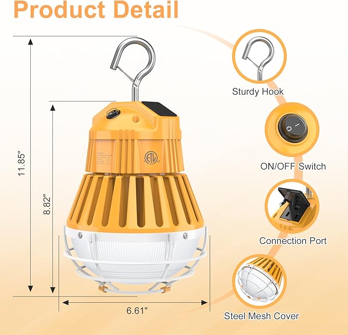 LED Temporary Work Light,36W/48W/60W Adjustable,4500K/5000K/5700K CCT Adjustable Construction Light with 10ft Cable Plug and Sturdy Hooks Linkable LED Work Job Site Lighting ETL Listed AC100-277V