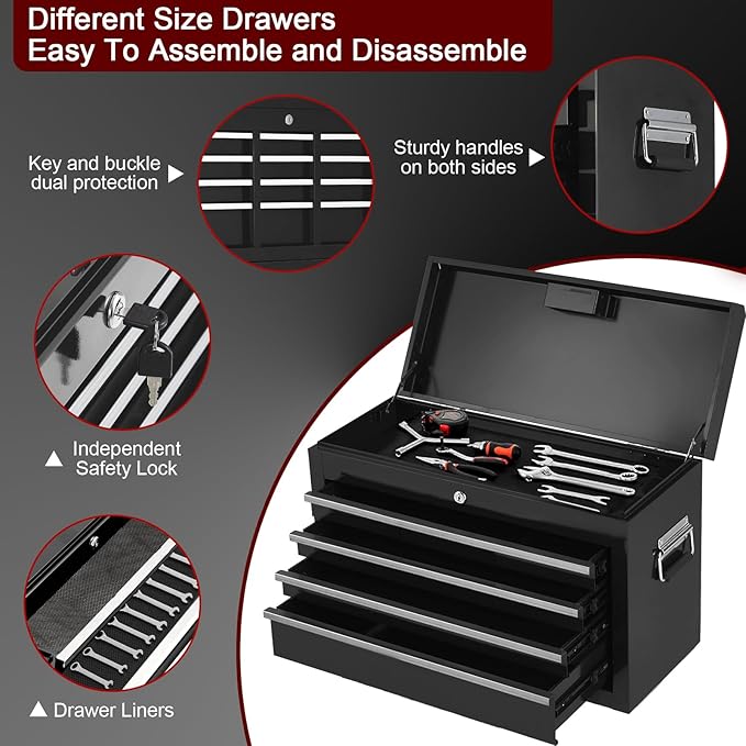 5-Drawer Rolling Tool Chest, 2-in-1 Detachable Top Tool Cabinet with Removable High Capacity Storage, Sliding Drawers, Wheels, Locking System & Liners for Workshop, Mechanics, Garage and Warehouse Use