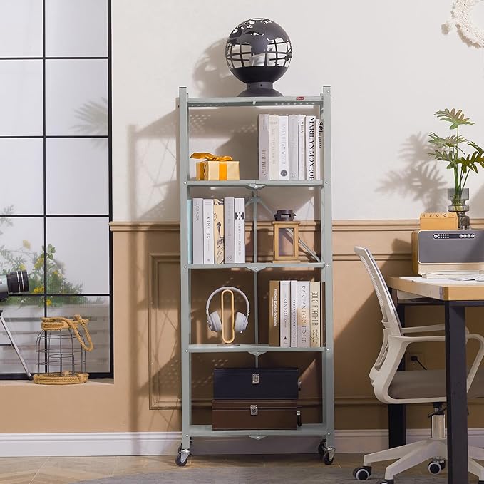 DEANIC 5-Shelf Folding Bookcase with Wheels, Rolling Bookshelf Heavy Duty Storage Shelves, Freestanding Metal Wire Shelving Unit for Living Room, Office, Kitchen, Basement, Pantry (Grey)