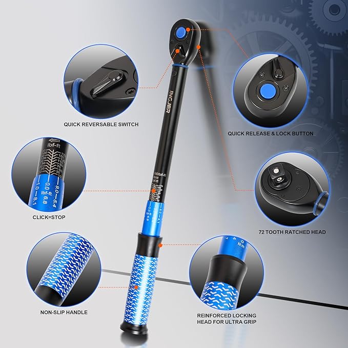 UPGRADE 1/2" Drive Click Torque Wrench,10-180ft.lb,Dual-Direction Adjustable 72 Tooth Click Torque Wrench for Bike, Motorcycle,Professionals & DIYers,Blue