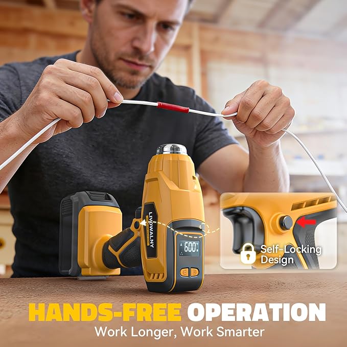 LIVOWALNY Cordless Heat Gun Compatible with Dewalt 20V Battery, 260W High Power Hot Air Gun (68°F-1112°F) & Airflow Control Digital Display for Shrink Wrapping Crafting(Battery Not Included)