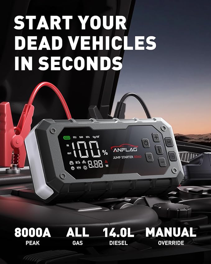 10-in-1 Car Jump Starter with Air Compressor, 8000A 160PSI Jump Starter Jump Box(All Gas/14L Diesel), PD65W Charging Battery Jumper Starter Portable Jumper Cable with 160W DC, Gloves, Lights