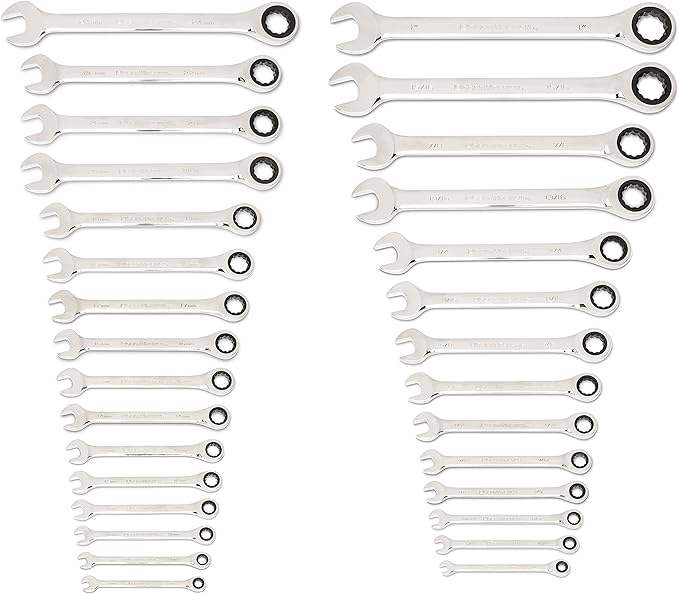 GEARWRENCH 30 Piece 12 Point Ratcheting Combination SAE/Metric (1/4-1 in., 8-24 mm) Wrench Set with Wrench Racks - 86702