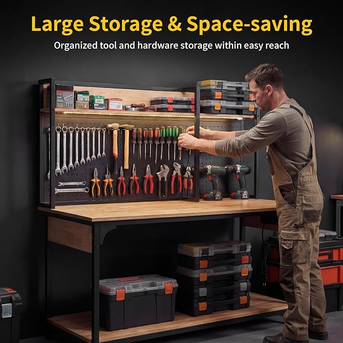 48" Heavy-Duty Garage Workbench with LED Light & Power Outlet, 1200LB Capacity Tool Table with Pegboard, Storage Shelves, USB & Type-C Ports for Woodworking Shop, Garage, Home