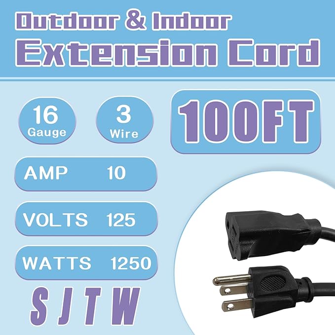 Indoor Outdoor Extension Cord 100 FT, 16/3 SJTW Weatherproof Black Electrical Cords, 10 AMP Heavy Duty 3 Prong Power Cable Great for Garden, Landscaping & Holiday Decorations