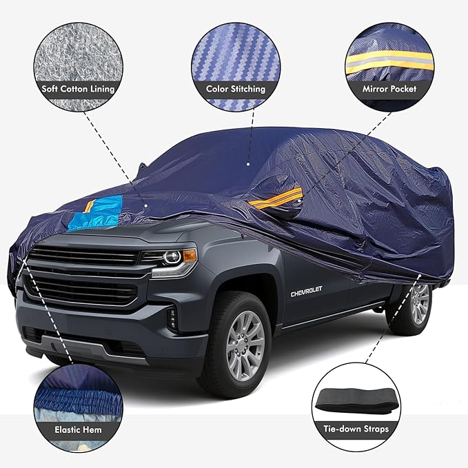 Car Cover Waterproof All Weather, 6 Layers Outdoor Full Exterior Cover Rain Sun UV Snowproof Protection with Zipper Cotton, Mirror Pocket for Chevrolet Silverado