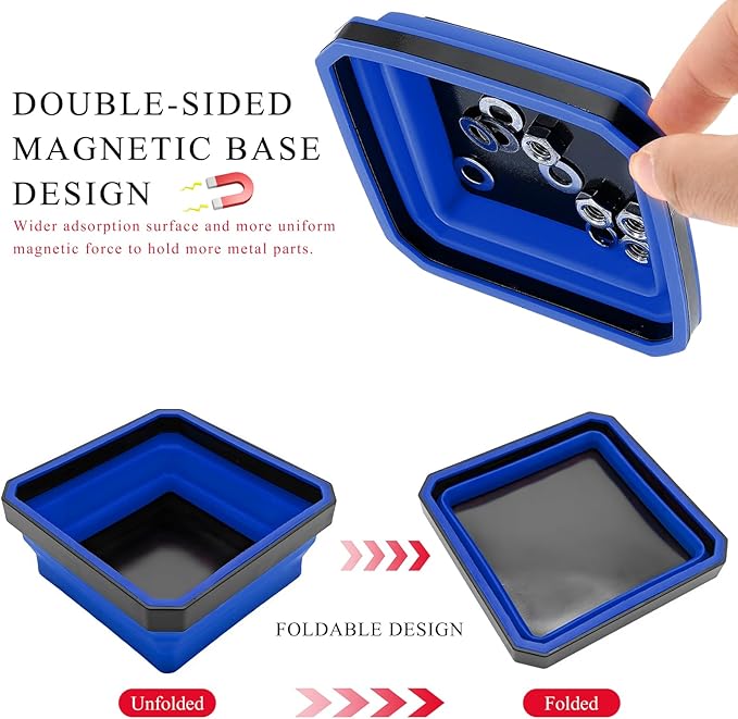 Collapsible Magnetic Parts Tray, 4.5" Square Silicone Tool Tray with Dual-Sided Magnetic Base, Foldable Small Metal Parts Organizer Storage Bowl for Screws Bolts Nuts Washers (Blue)
