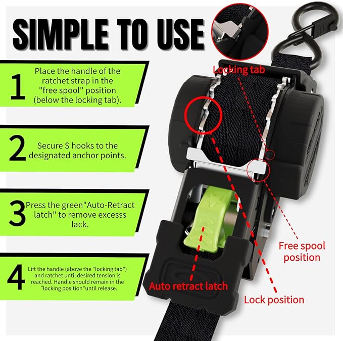 Retractable Ratchet Straps, 4-Pack, 1 Inch x 12 Feet Heavy Duty Tie Downs, 1760lb Break Strength, Self Retracting for Truck, Cargo, Trailer, Motorcycle, ATV, UTV (Black-Green, 4pack)