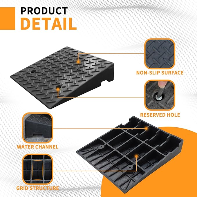 Rubber Curb Ramps for Driveway Sidewalks Shed Entry, 6.7 Inch Rise Height 2 Pack 19.68" L x 19.68" Threshold Ramp for Cars, Motorcycles, Lawn Mowers, 7000lbs Load Capacity