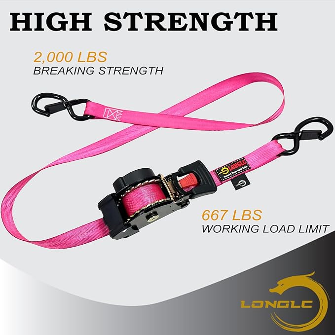 4-Pack Retractable Ratchet Straps Pink Heavy Duty - 1 Inch X 10Feet with Soft Loops, 2,000lbs Breaking Strength - Best for Trucks, Cargo Trailer, Motorcycle, Tie Down Straps Ratchet