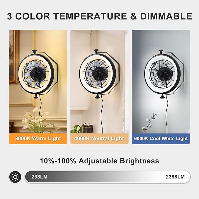 16" Wall Mounted Fan Indoor, Quiet 6 Speed Wall Mount Fan with Remote, Light and Timer, 360° Adjustable Tilt Plug in Wall Fan for Garage, Bedroom, Kitchen, Living Room, Greenhouse, Patio