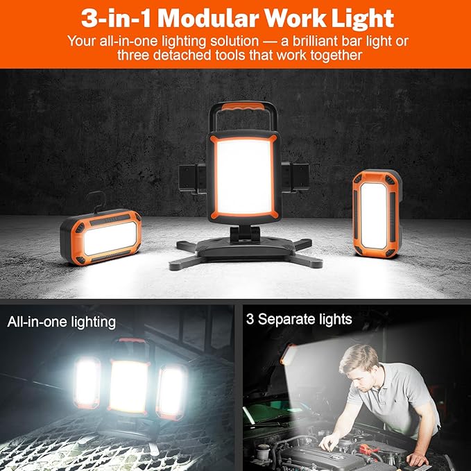 Tresda 3-in-1 Modular Rechargeable Work Light, 50W 5000LM Portable LED Work Lights with Detachable Dual Side Lights, 9 Modes, 360° Rotation, Magnetic Base & Hooks for Workshop Jobsite Repair Camping