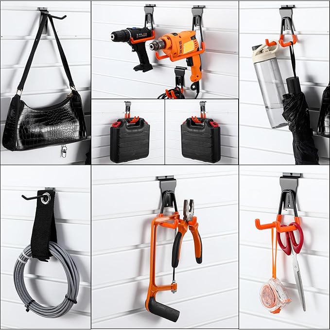 Landhoow 36 Pcs Slatwall Hooks & Hangers 32 Pcs Heavy Duty Slat Wall Hanging Hooks with 4 Pcs Storage Straps Assortment Slatwall Accessories for Storage Garage Wall Organization Garden Home(Orange)