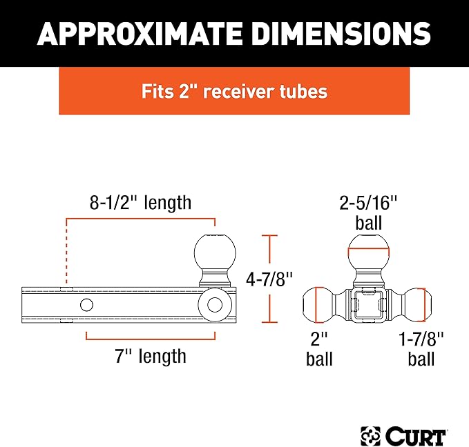 CURT 45001 Multi-Ball Trailer Hitch Ball Mount, 1-7/8, 2, 2-5/16-Inch Balls, Fits 2-Inch Receiver, 10,000 lbs