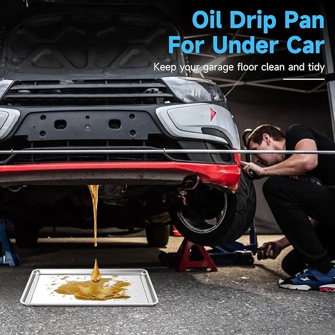 2Pcs Stainless Steel Oil Drain Drip Pan for Under Car, 35.4 x 24 x 1.9'' Metal Oil Drain Pan, No Splatter Large Drip Tray Oil Catch Pan Replacement Tray for Keep Garage Floor Clean