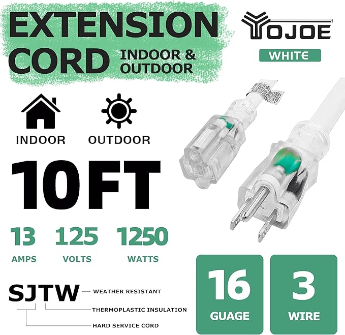 YOJOE Indoor Outdoor Extension Cord with Lighted End, 3 Prong 13A Weatherproof Power Cord, 16 Gauge Heavy Duty 10 ft White Extension Cord for Garage, Garden and Home, 16/3 SJTW UL Listed