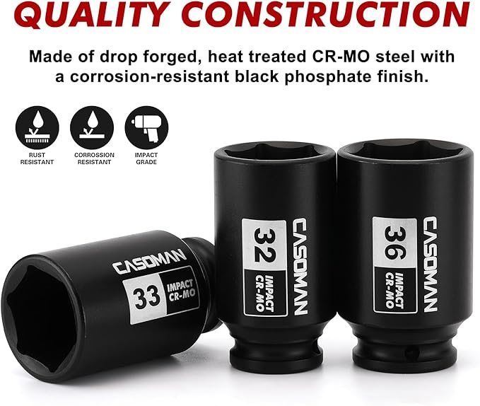 CASOMAN 1/2'' Drive Deep Spindle Axle Nut Impact Socket Set, 6 Point, CR-MO,32,33,35,36mm, 4PC 1/2-Inch Impact Socket Set, Heavy Duty Use In Removing And Installing Axle Nuts