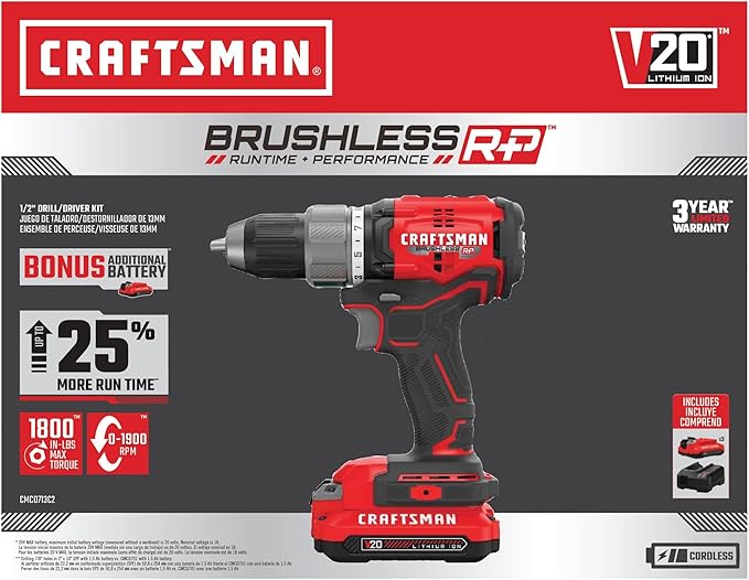 CRAFTSMAN RP+ Cordless Drill/Driver Kit, with 2 Batteries and Charger, Brushless (CMCD713C2)